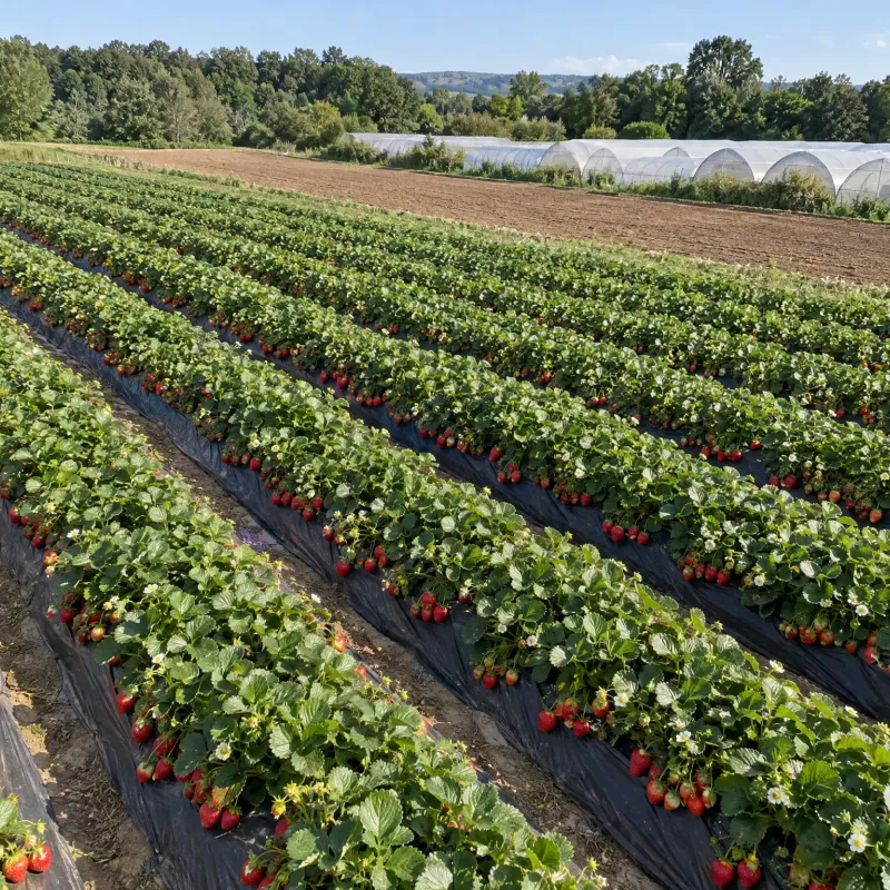 sunny strawberry farm rows and polytunnels