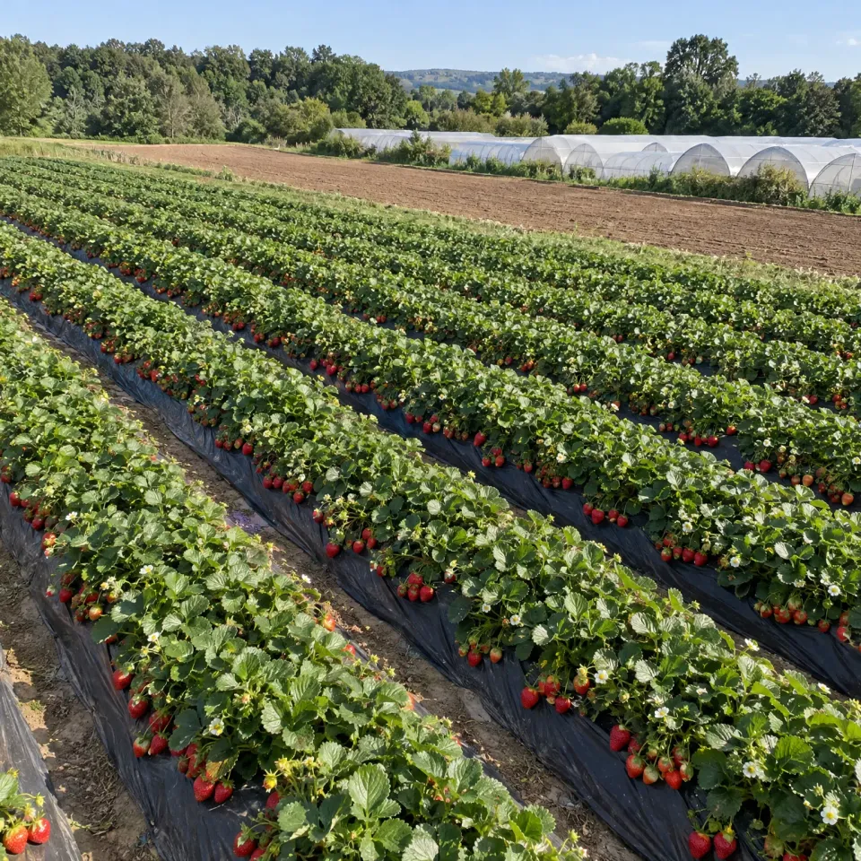 sunny strawberry farm rows and polytunnels