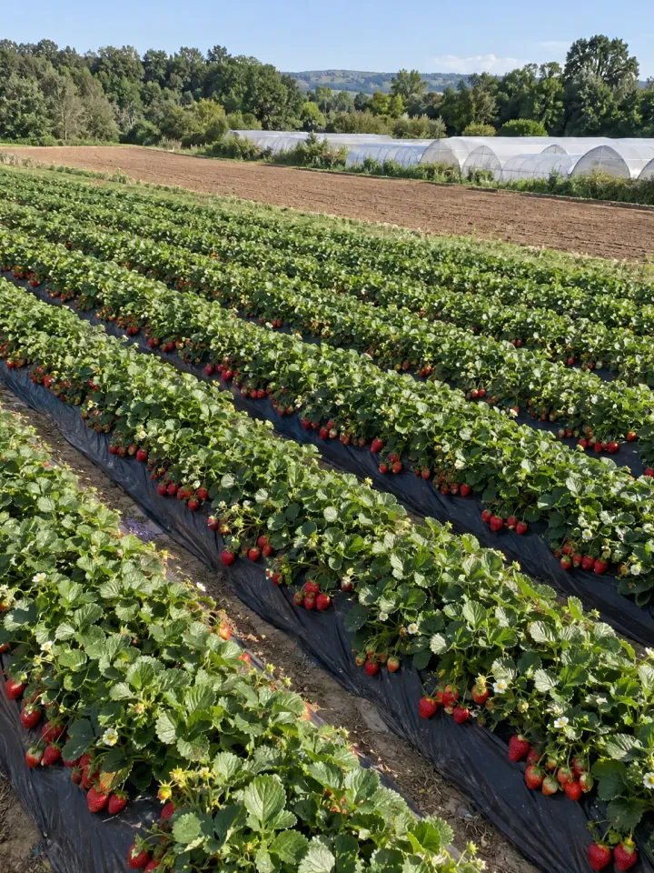 sunny strawberry farm rows and polytunnels